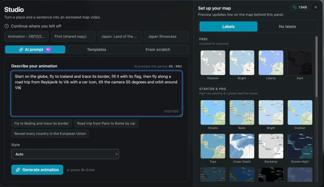 The Animaps AI prompt panel, where a map animation is described in plain English, next to the map style picker