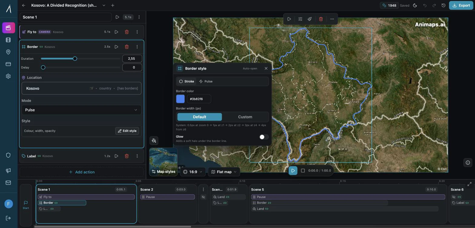 The Animaps border style panel with colour, width and glow controls