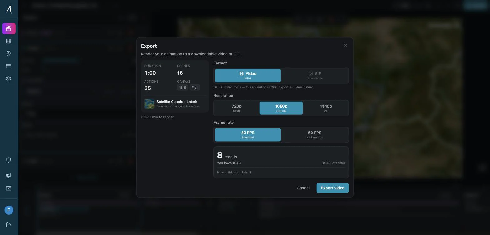 The Animaps export dialog with resolution, frame rate and format options and the credit cost