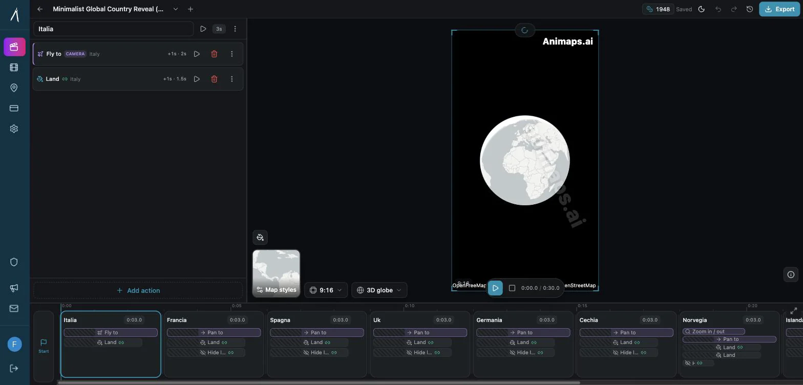The Animaps studio in globe view with a vertical 9:16 canvas and one named scene per country