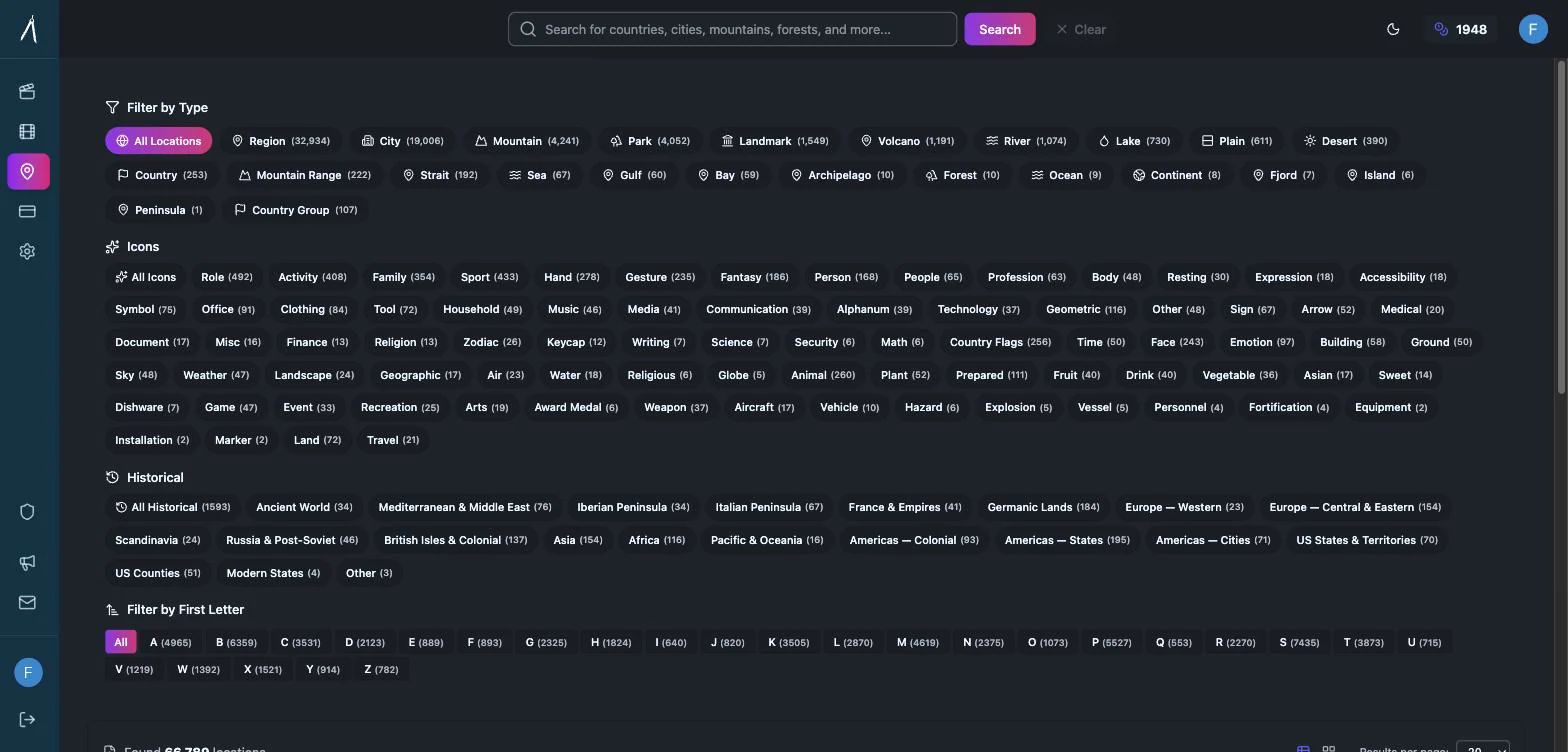 The Animaps locations browser showing filters for regions, cities, mountains, landmarks and historical entities