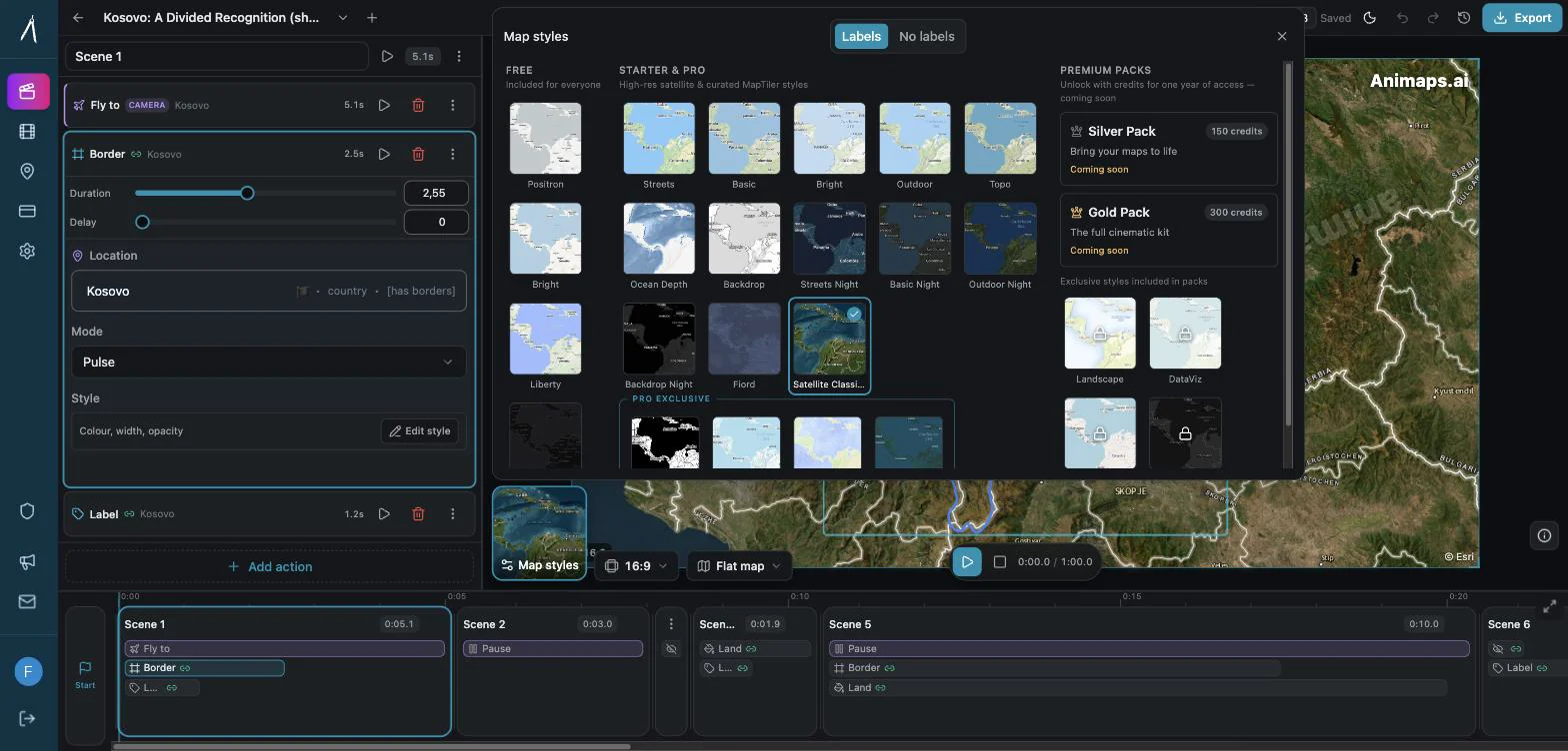 The Animaps map style picker showing free, Starter and Pro map styles side by side