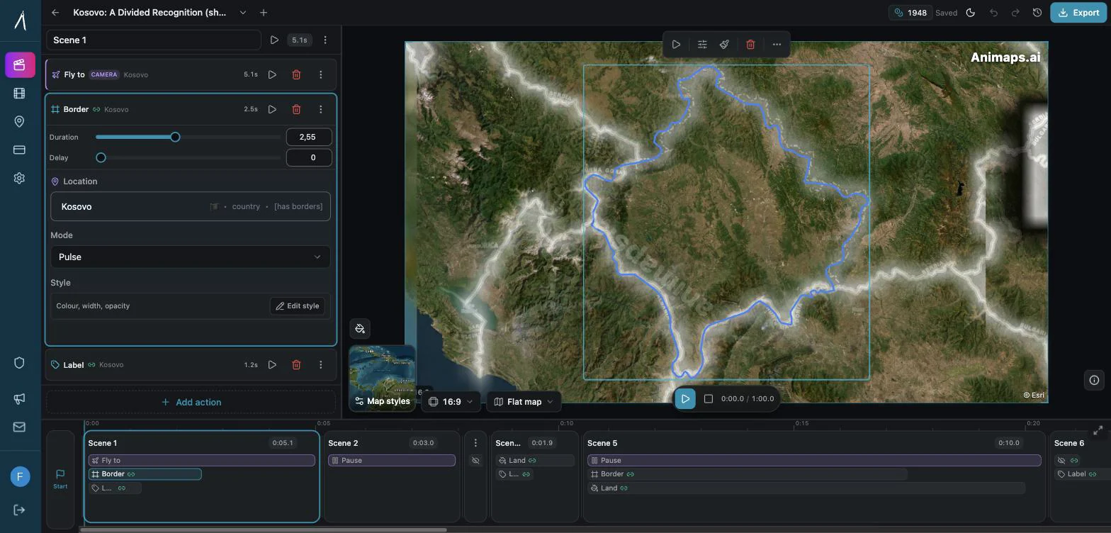 A border step open in the Animaps editor showing duration, delay, location, mode and style controls