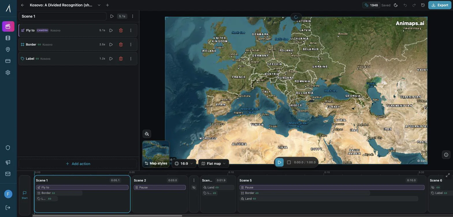 The Animaps studio editor with an animation's step list, live map preview and scene timeline