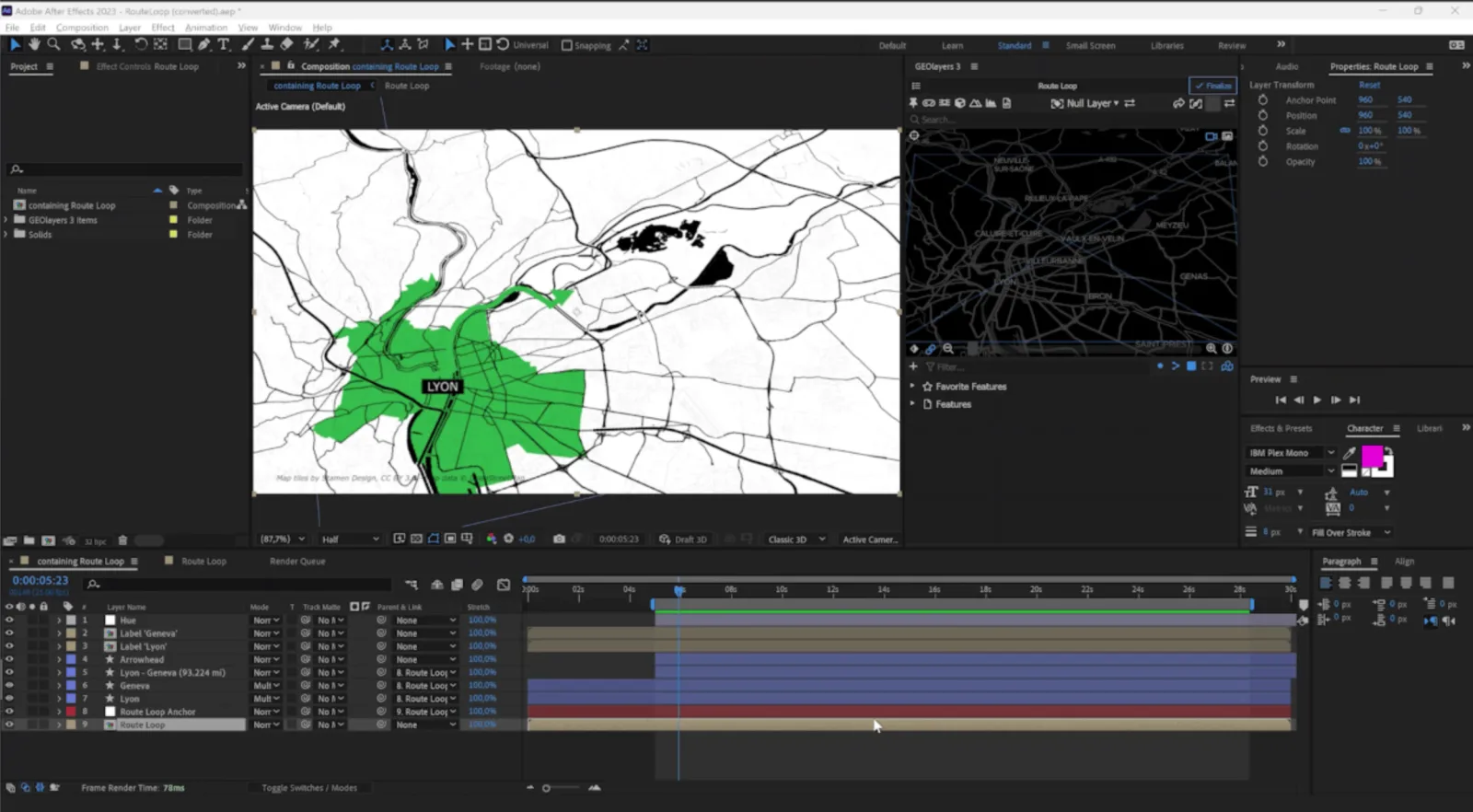 The After Effects timeline for a single route animation: nine stacked layers, keyframes and a plugin panel