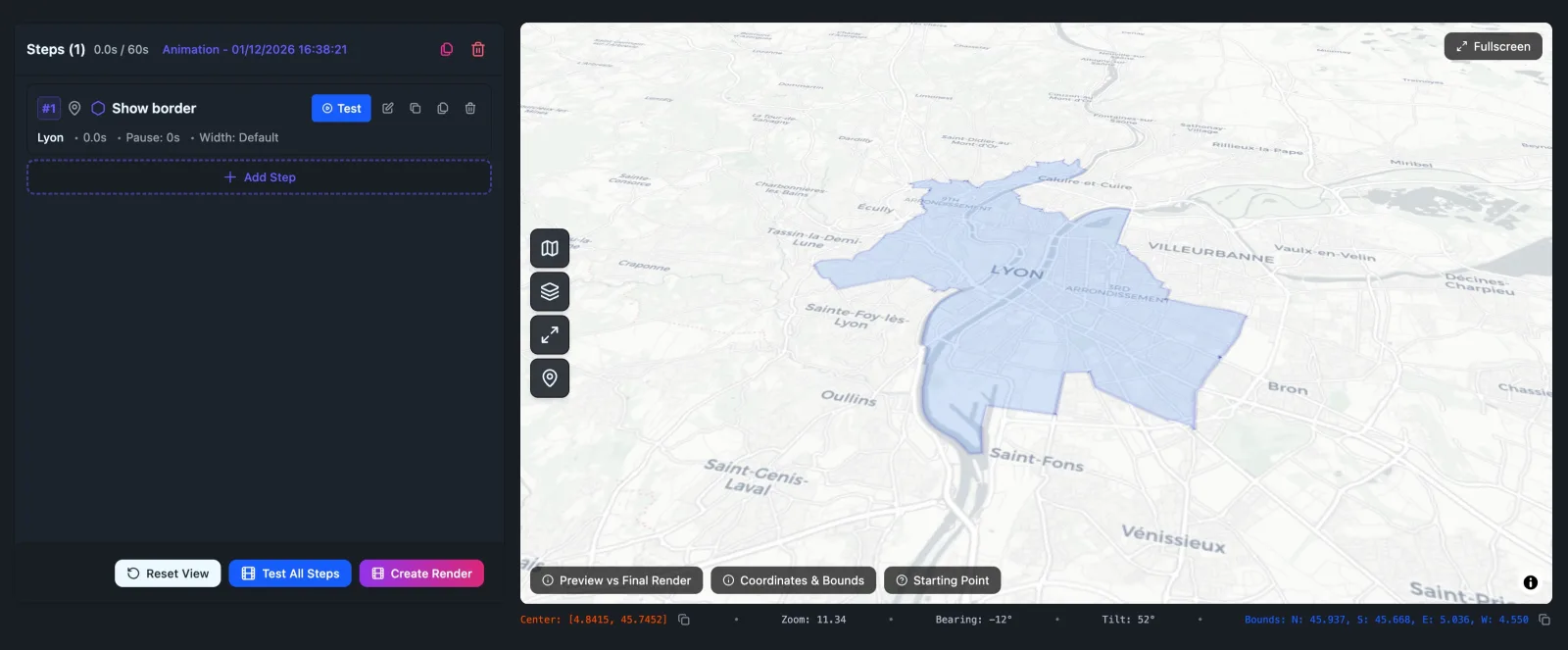 The same animation in Animaps: a short list of named steps beside a live map