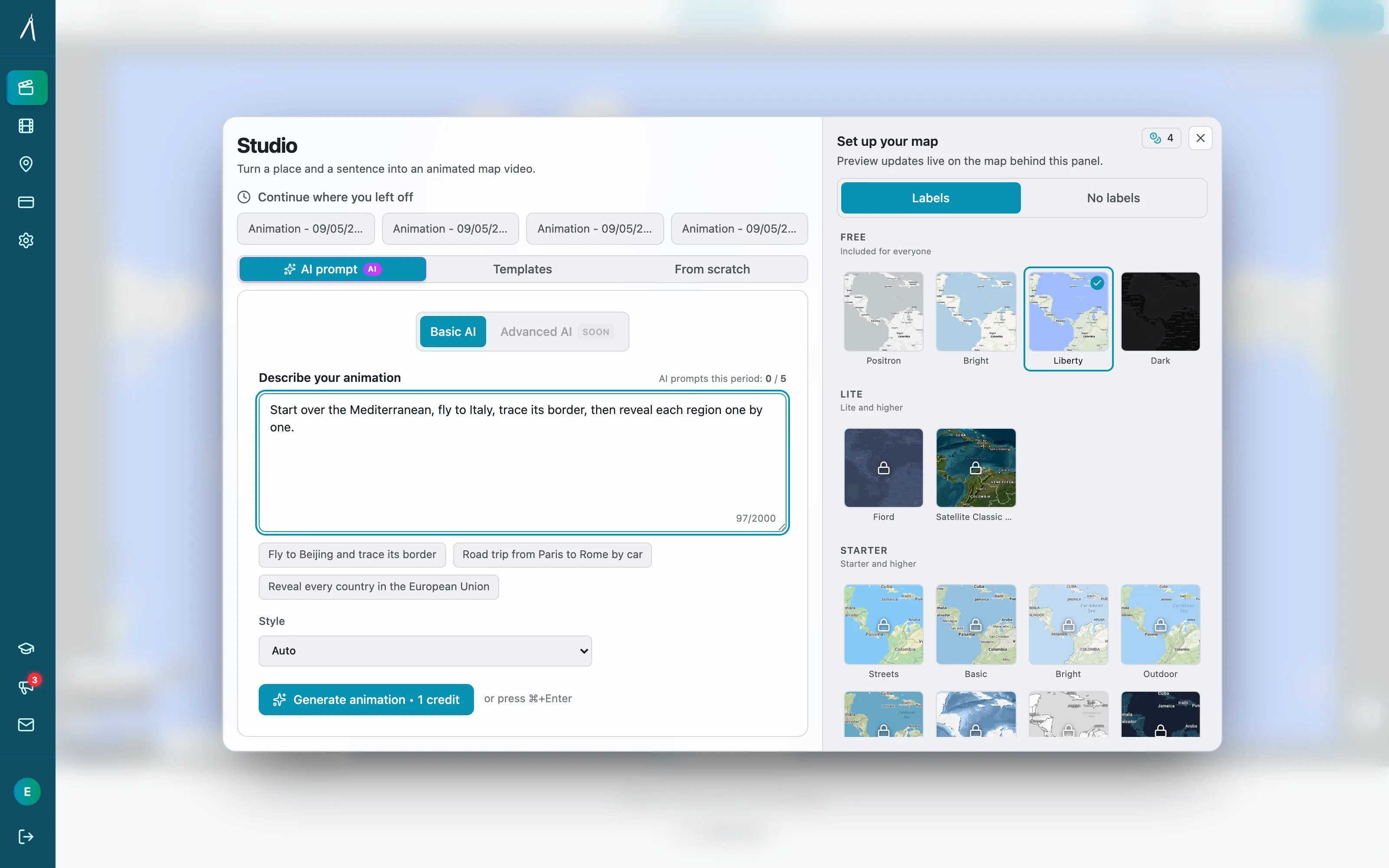 The Animaps AI panel with a map animation described in plain English, ready to generate