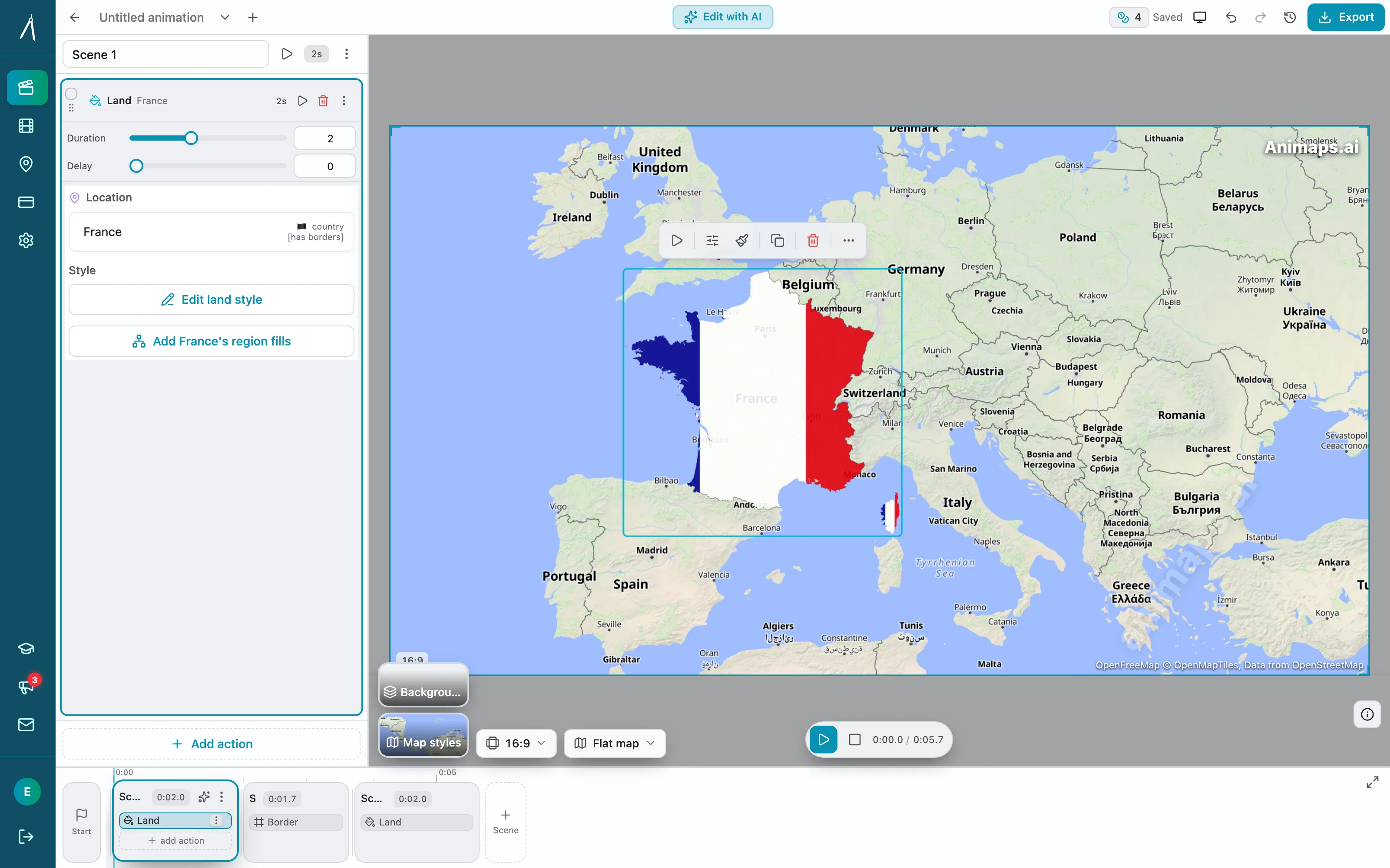 The Animaps studio with a generated animation: step list on the left, live map preview filling the rest