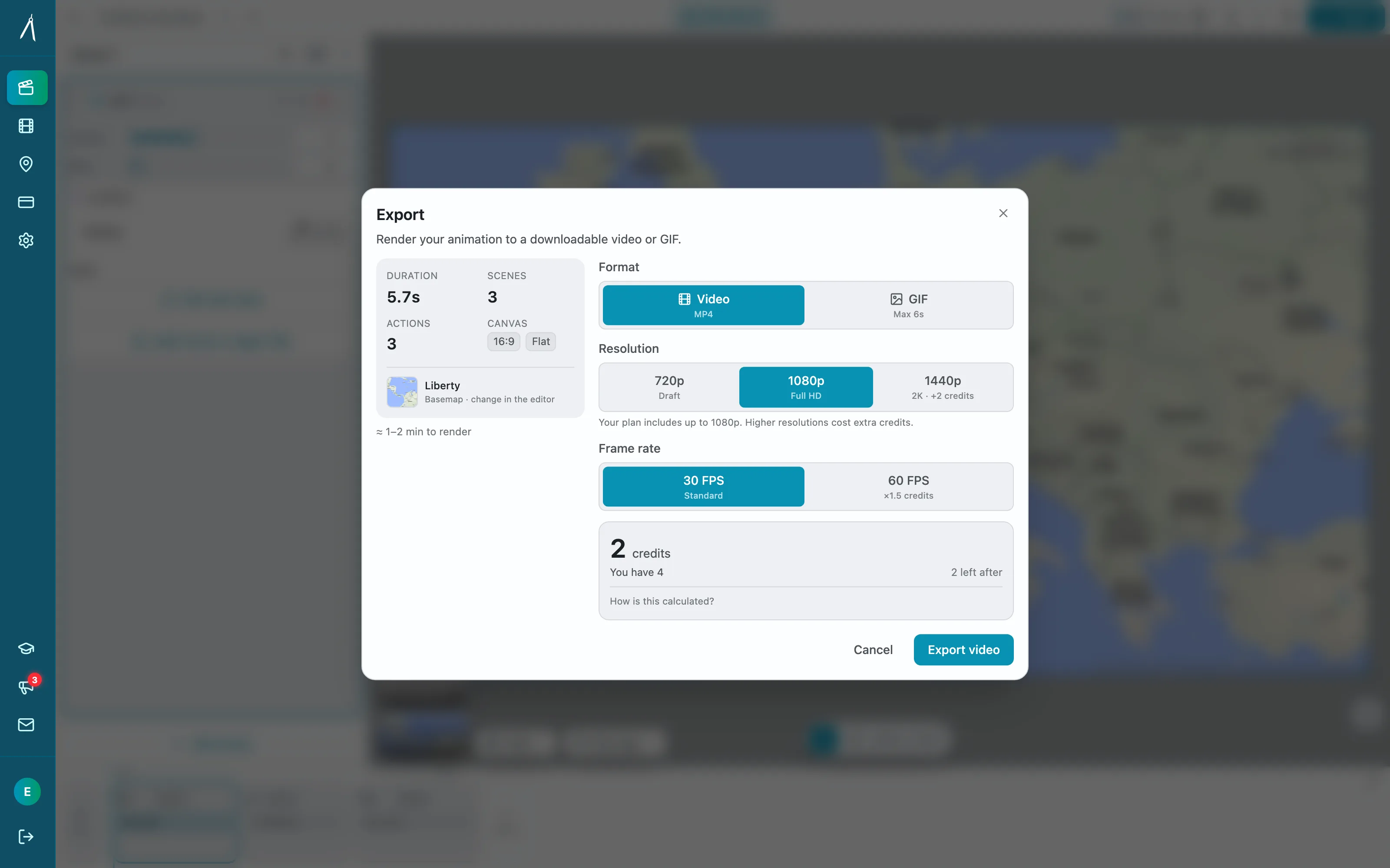 The Animaps export dialog: format, resolution and frame rate, with the credit cost of the render