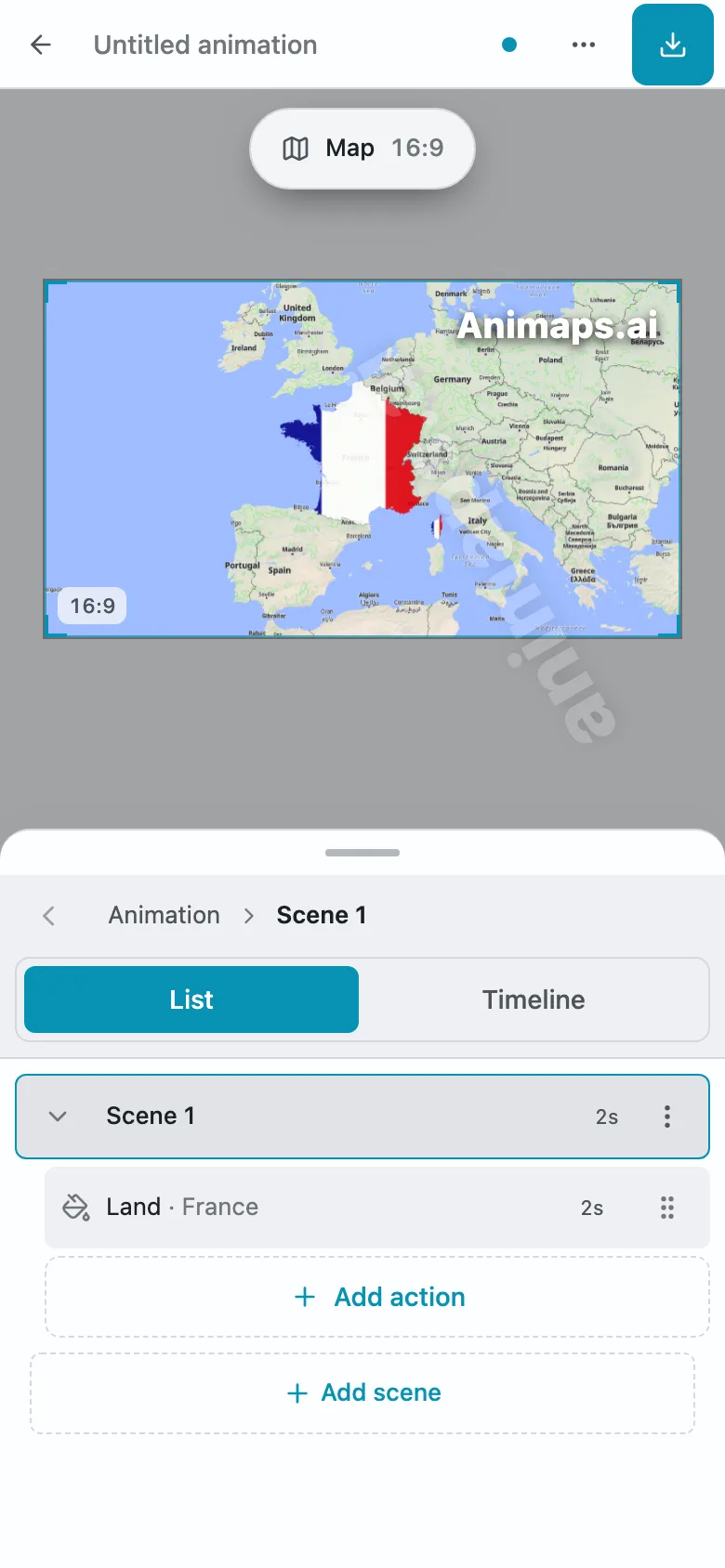 The Animaps studio on a phone, with the map above and the action sheet below