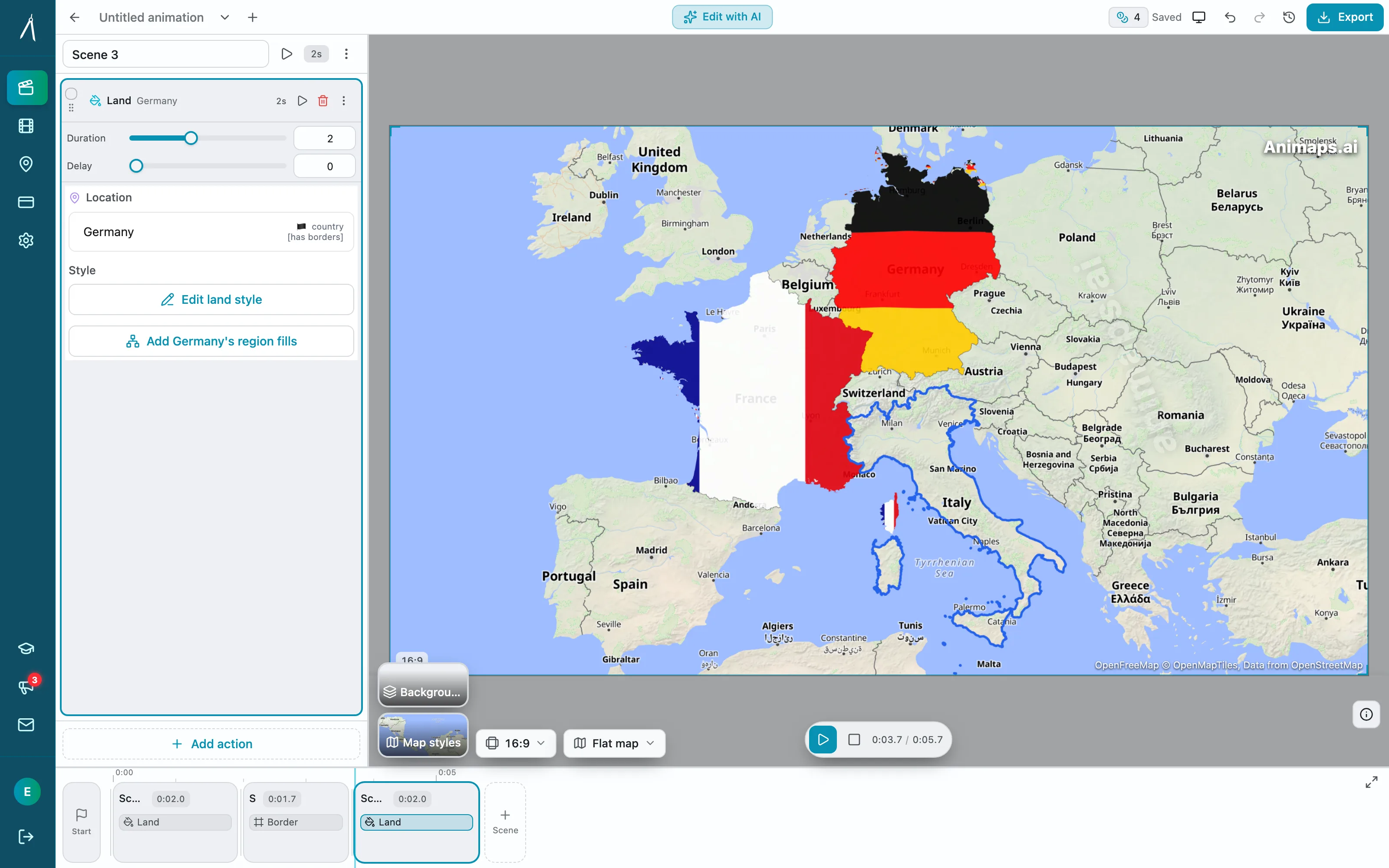 One animation step expanded in the Animaps editor, showing duration, delay, target and style controls