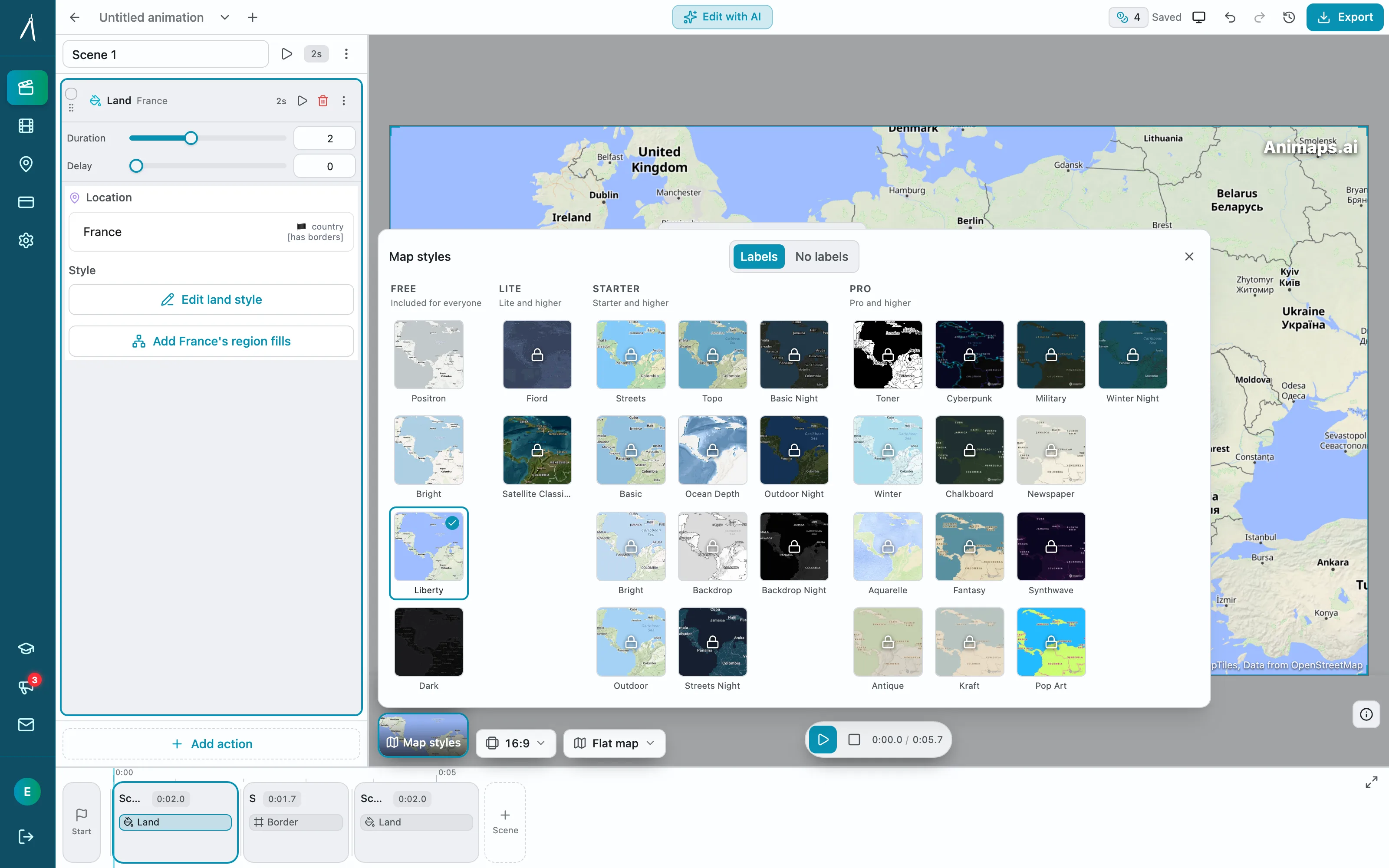 The Map styles panel open in the studio, with light, dark and satellite styles