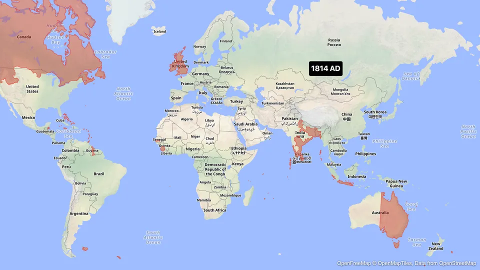 The British Empire border template at 1814, its territories filled in red on a world map