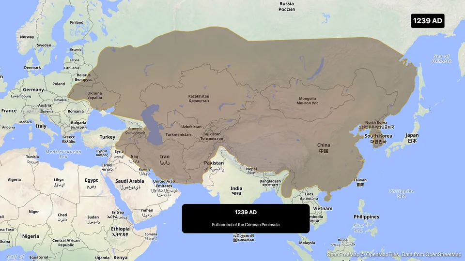 The Mongol Empire border template at 1239, filled in brown from northern China to the Caspian Sea