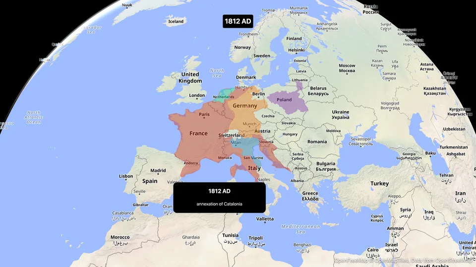 The French Empire of 1812 shaded on a globe of Europe, with the year on screen