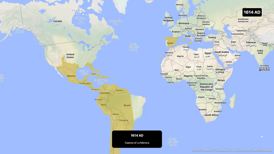 The Spanish Empire border template at 1614, its lands in the Americas filled in gold on a world map